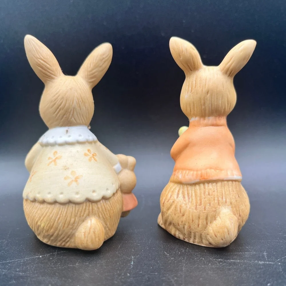 Vtg Ceramic Easter Bunny Figurine Set 2pc Rabbit Chicks Spring Decor In Box 3.5